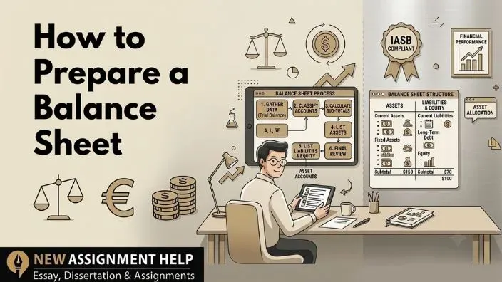 An accounting student using a calculator to balance assets and liabilities on a financial statement